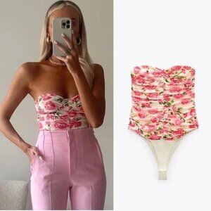 Zara  Draped Floral Strapless Bodysuit in Ivory & Pink Size Medium NWT